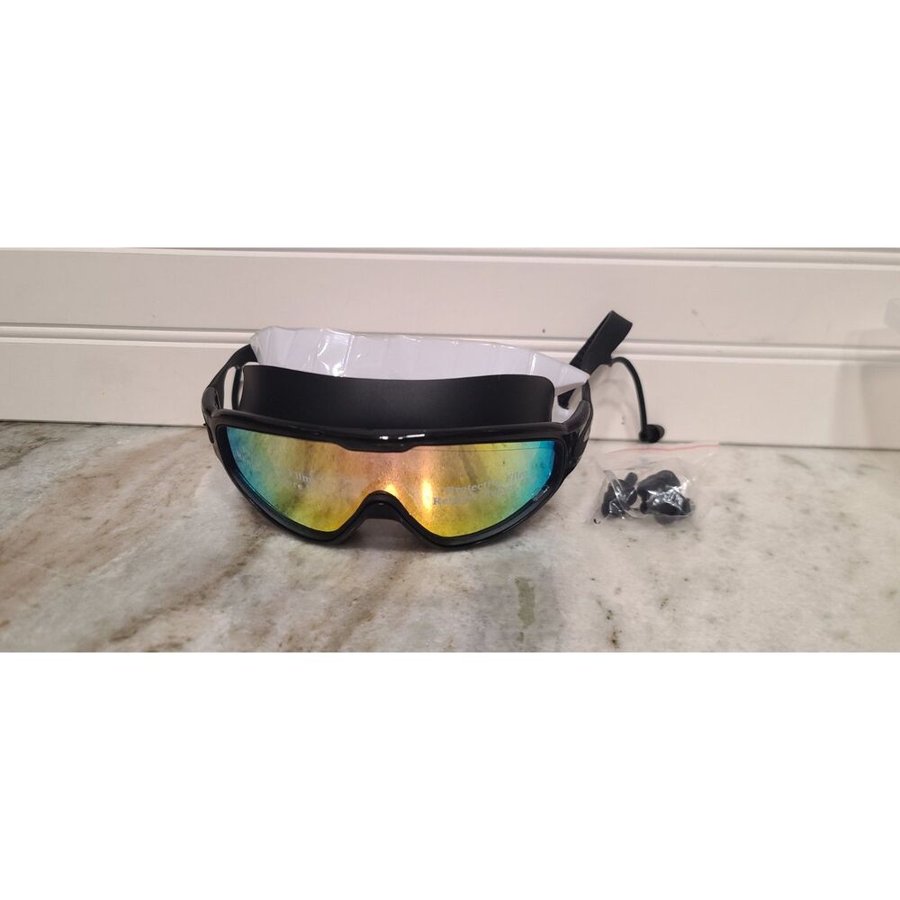 Adult Wide-Frame Swimming Goggles With Reflective Lens/Built-In Earplugs.
